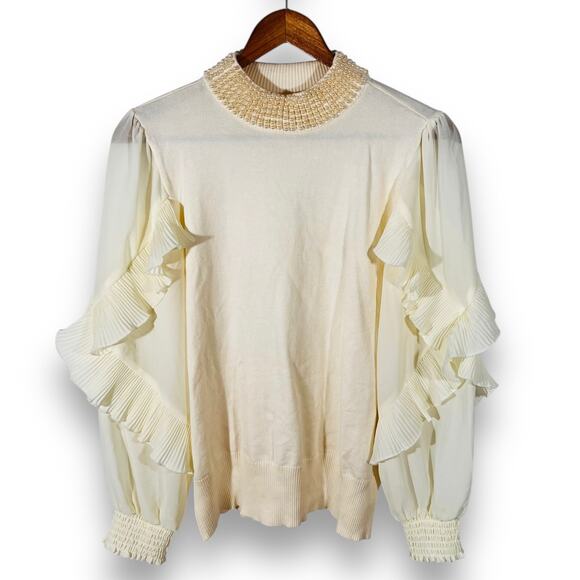 Mally Roncal Ivory Sweater Pearl Mock Neck Ruffle Sleeve XXS - Picture 3 of 12